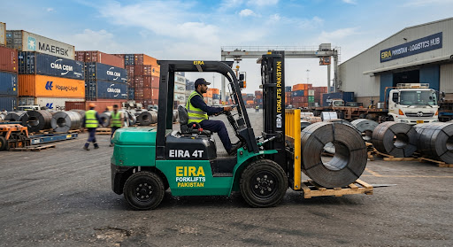 Heavy 4 Ton industrial diesel forklift operating in a Pakistani cargo yard