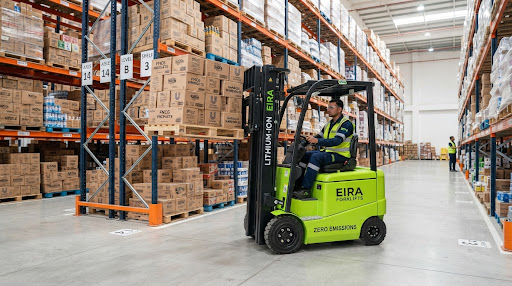 Modern electric lithium-ion forklift operating silently inside a high-rack FMCG warehouse in Karachi
